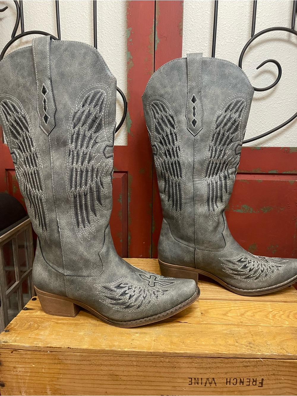 Grey Faux Leather Cross & Angel Wing Embroidered Cowboy Boots - Size 9